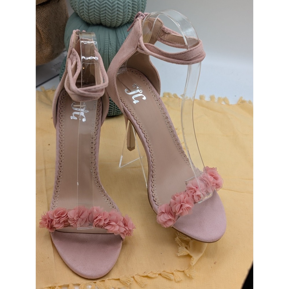 Journee Collection Eloise Pink Floral Suede Ankle Strap Stiletto Heels Size 7.5